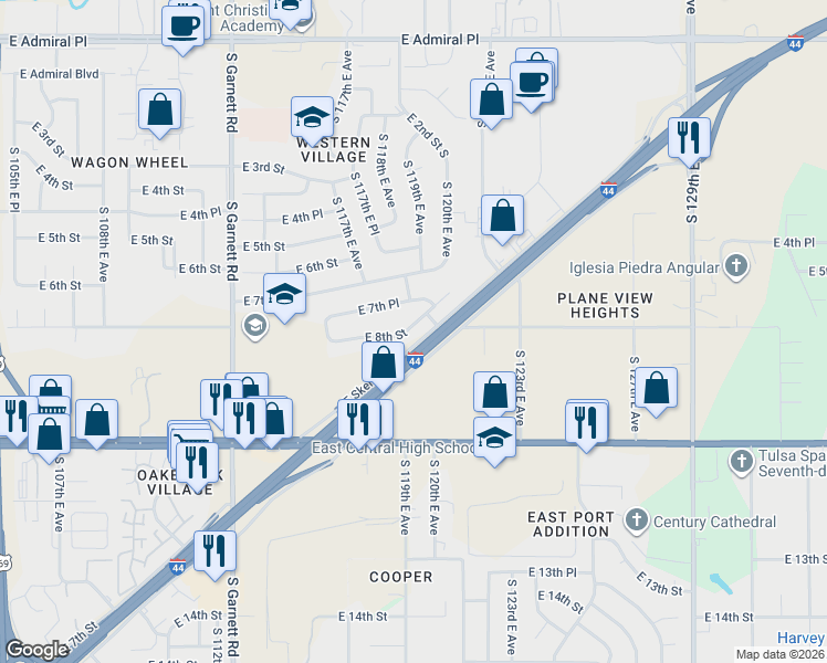 map of restaurants, bars, coffee shops, grocery stores, and more near 11580 East 8th Street in Tulsa