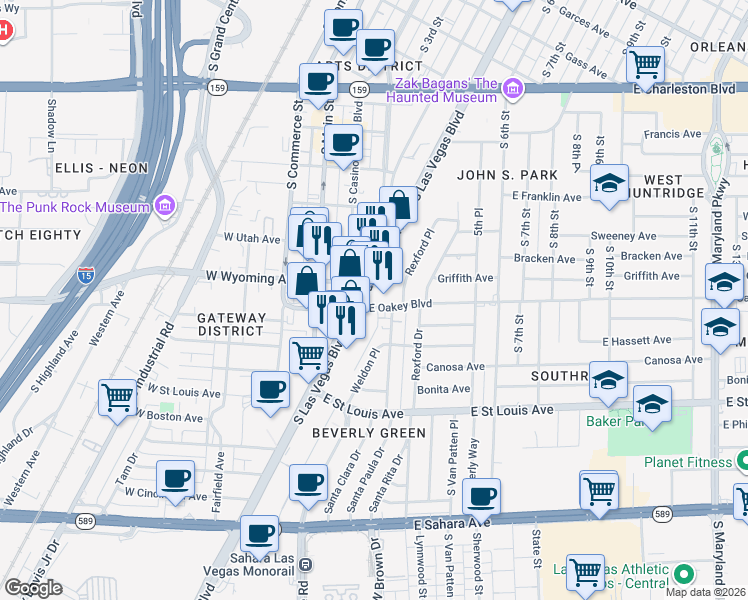 map of restaurants, bars, coffee shops, grocery stores, and more near 1619 South Las Vegas Boulevard in Las Vegas