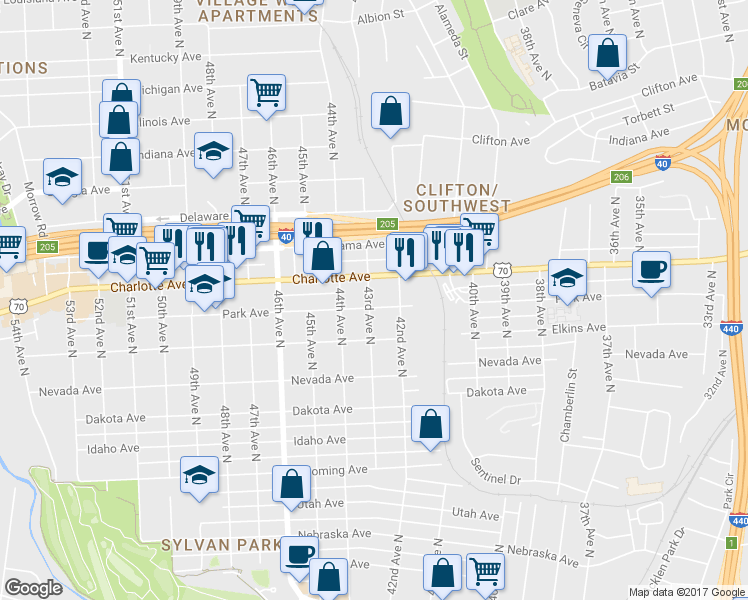 map of restaurants, bars, coffee shops, grocery stores, and more near 4210 Park Avenue in Nashville