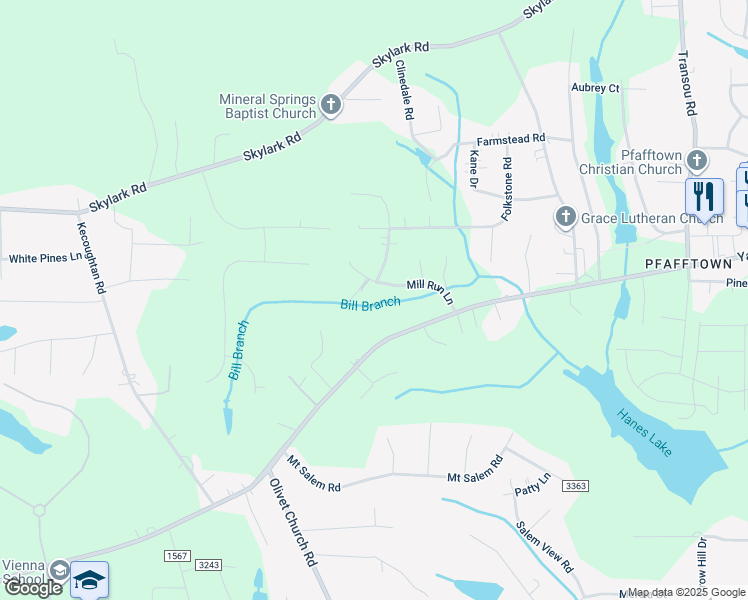 map of restaurants, bars, coffee shops, grocery stores, and more near 3424 Mill Run Lane in Pfafftown