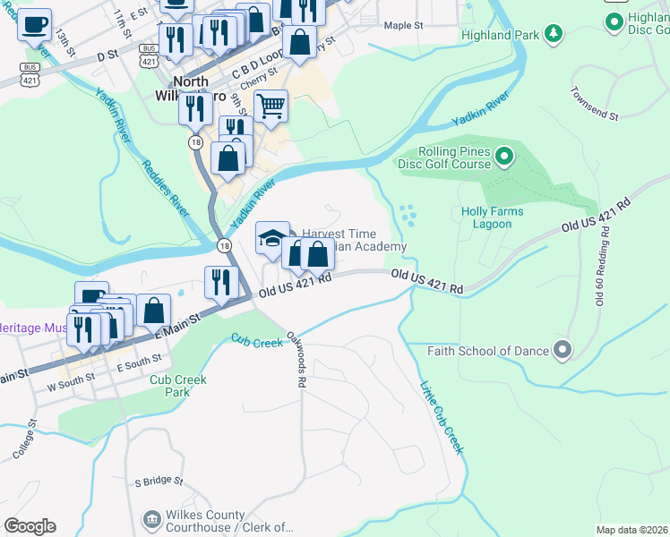 map of restaurants, bars, coffee shops, grocery stores, and more near 602 East Main Street in Wilkesboro