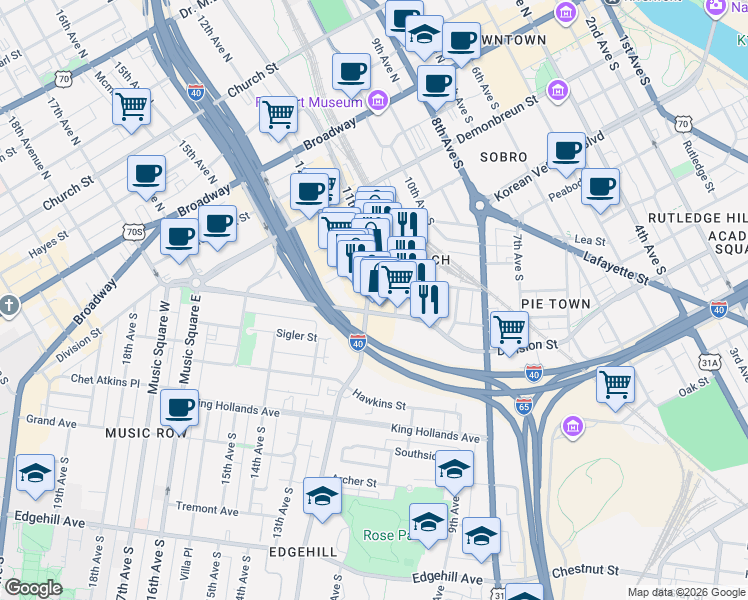 map of restaurants, bars, coffee shops, grocery stores, and more near in Nashville