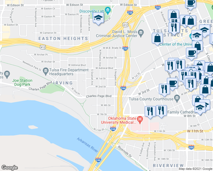 map of restaurants, bars, coffee shops, grocery stores, and more near 124 South Olympia Avenue in Tulsa
