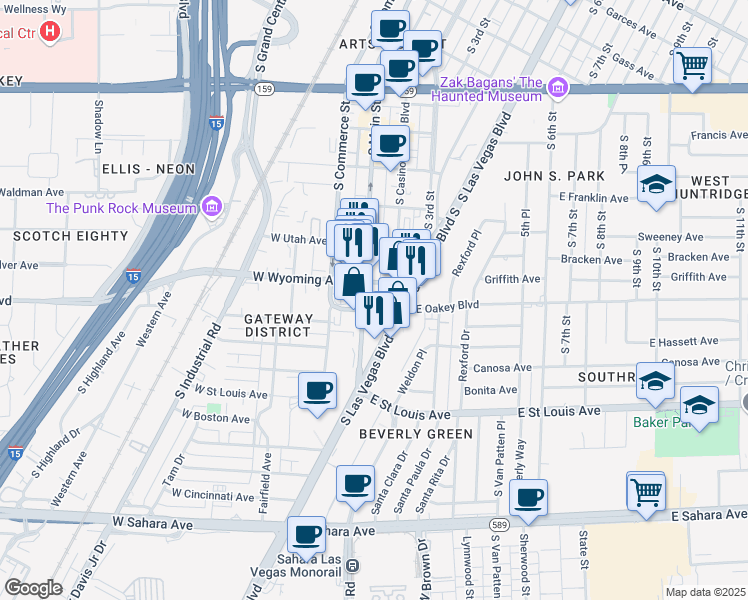 map of restaurants, bars, coffee shops, grocery stores, and more near 1621 South Main Street in Las Vegas