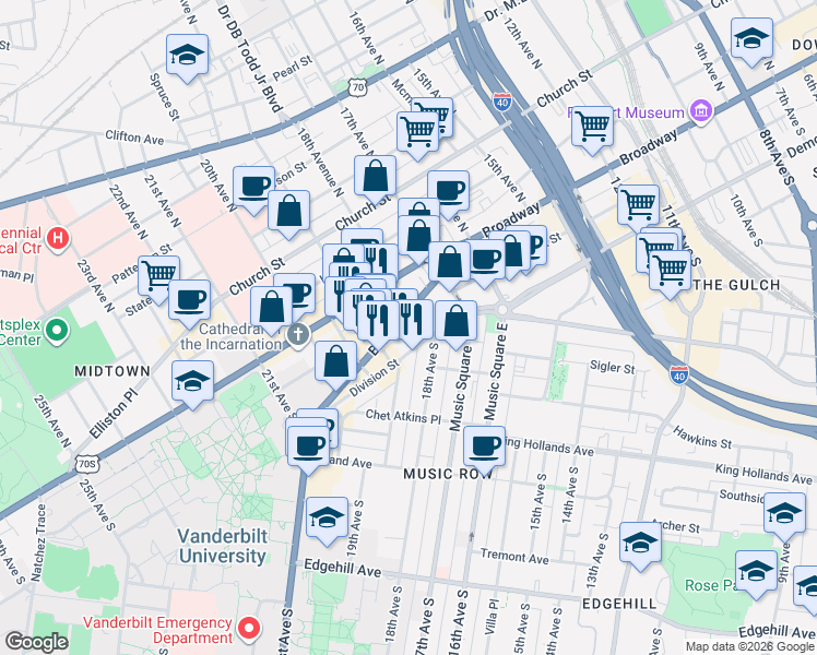 map of restaurants, bars, coffee shops, grocery stores, and more near 1803 Broadway in Nashville