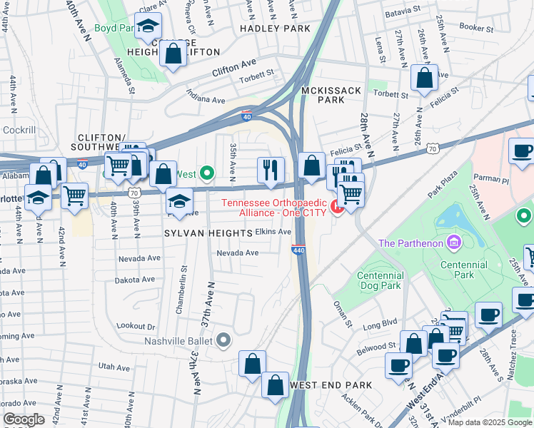 map of restaurants, bars, coffee shops, grocery stores, and more near 3313 Park Avenue in Nashville