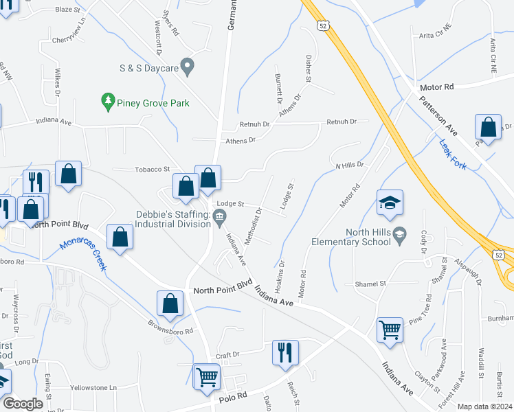map of restaurants, bars, coffee shops, grocery stores, and more near Lodge Street in Winston-Salem