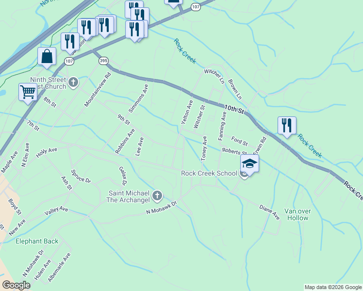 map of restaurants, bars, coffee shops, grocery stores, and more near 110 Higgins Avenue in Erwin