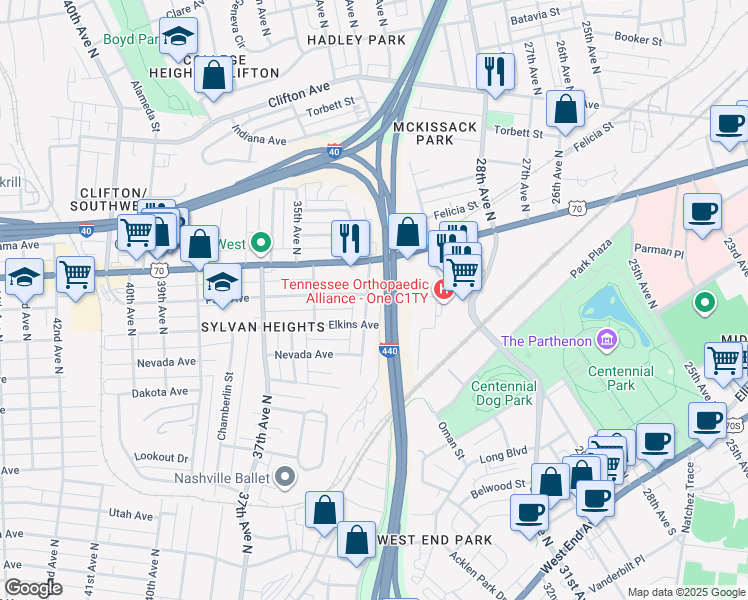 map of restaurants, bars, coffee shops, grocery stores, and more near 326 33rd Avenue North in Nashville
