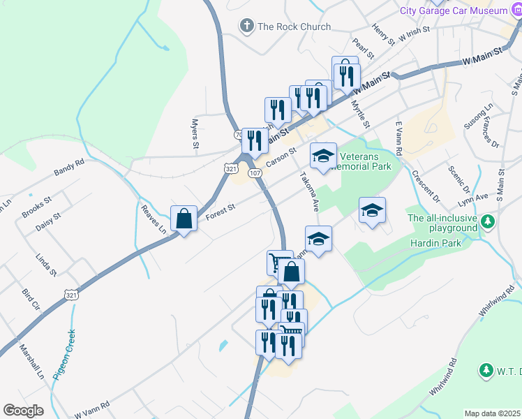 map of restaurants, bars, coffee shops, grocery stores, and more near 105 Choctaw Lane in Greeneville