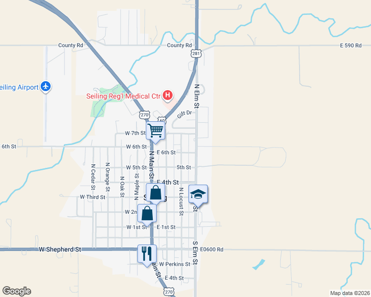 map of restaurants, bars, coffee shops, grocery stores, and more near 300 East 6th Street in Seiling