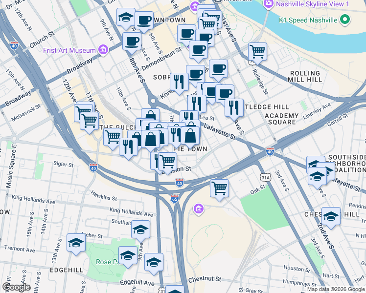 map of restaurants, bars, coffee shops, grocery stores, and more near 623 Middleton Street in Nashville