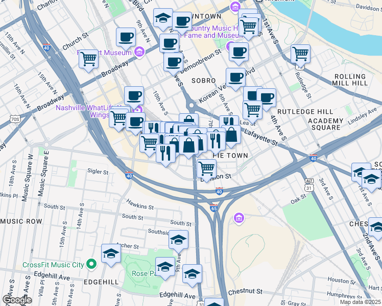 map of restaurants, bars, coffee shops, grocery stores, and more near 603 U.S. 31 in Nashville