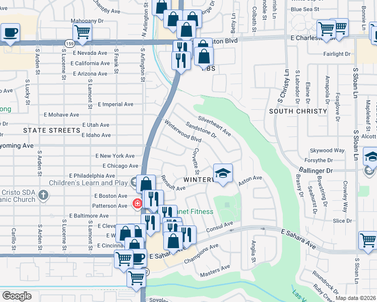 map of restaurants, bars, coffee shops, grocery stores, and more near 5171 Wyoming Avenue in Las Vegas