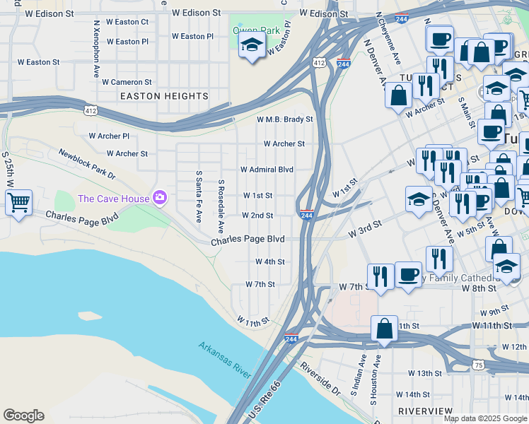 map of restaurants, bars, coffee shops, grocery stores, and more near 124 South Olympia Avenue in Tulsa