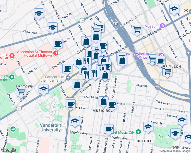 map of restaurants, bars, coffee shops, grocery stores, and more near 1803 Broadway in Nashville
