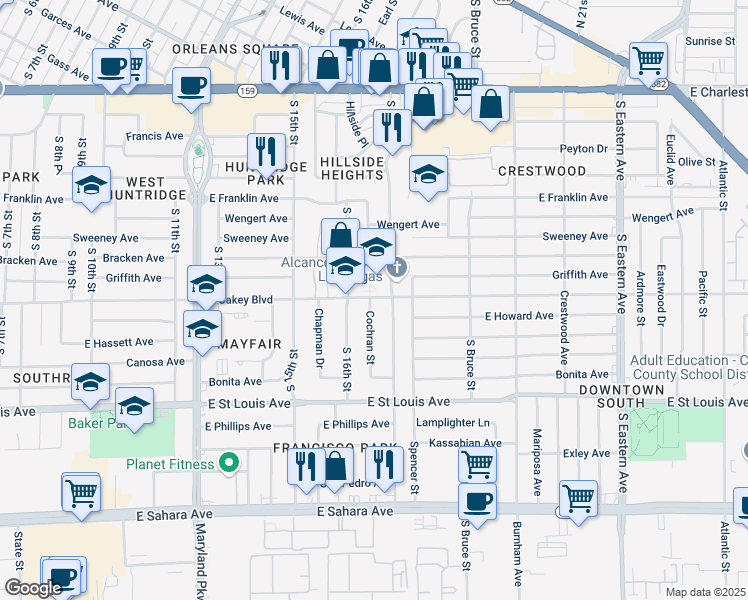 map of restaurants, bars, coffee shops, grocery stores, and more near 1600 East Oakey Boulevard in Las Vegas