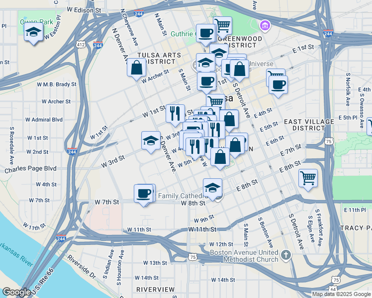 map of restaurants, bars, coffee shops, grocery stores, and more near 403 South Cheyenne Avenue in Tulsa