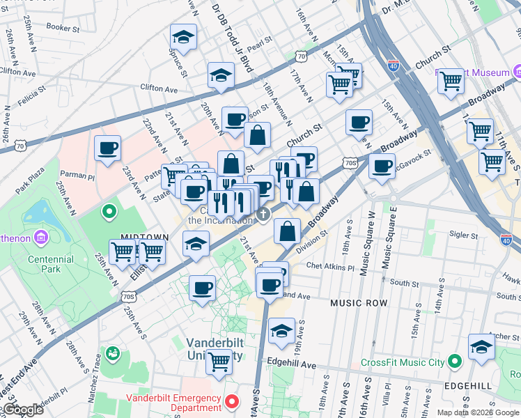 map of restaurants, bars, coffee shops, grocery stores, and more near 2010 West End Avenue in Nashville