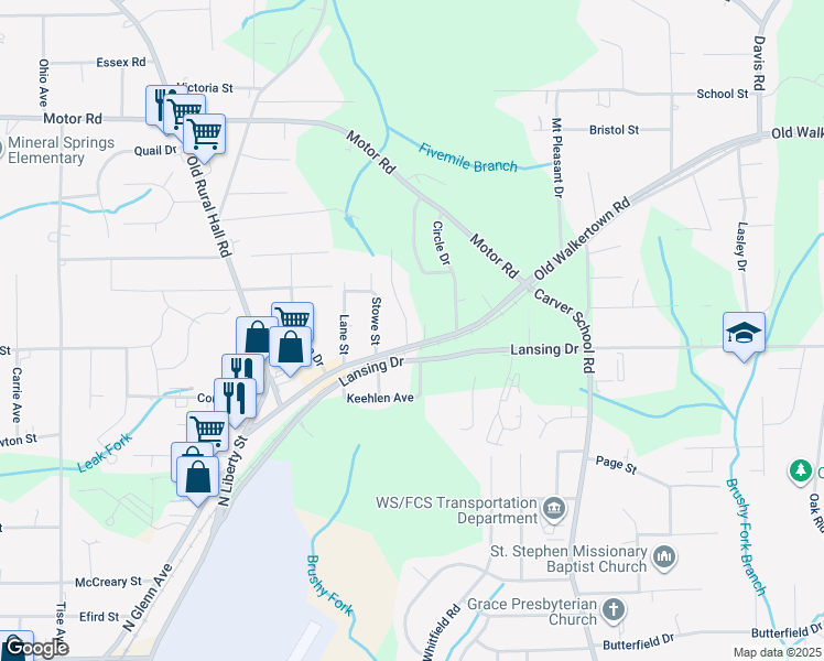 map of restaurants, bars, coffee shops, grocery stores, and more near 4502 Old Walkertown Road in Winston-Salem