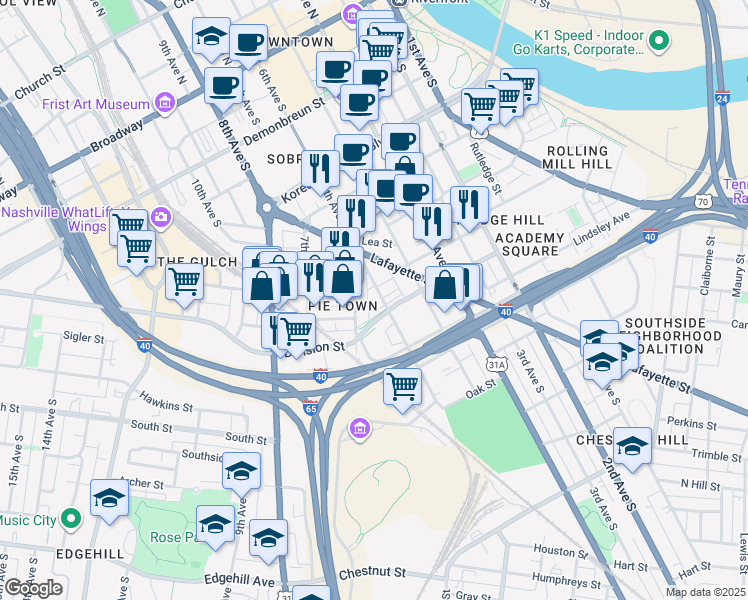 map of restaurants, bars, coffee shops, grocery stores, and more near 711 6th Avenue South in Nashville