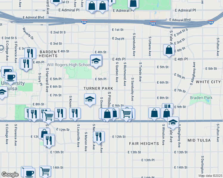 map of restaurants, bars, coffee shops, grocery stores, and more near 4107 East 7th Street in Tulsa