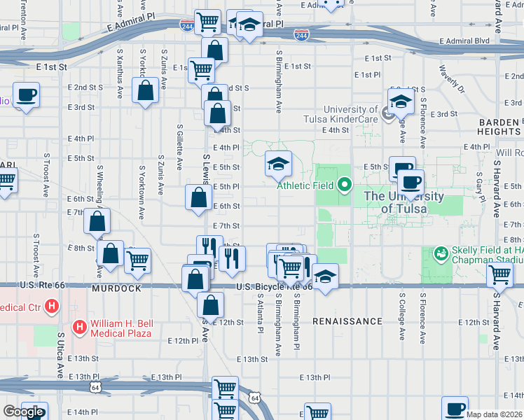 map of restaurants, bars, coffee shops, grocery stores, and more near 2528 East 6th Street in Tulsa