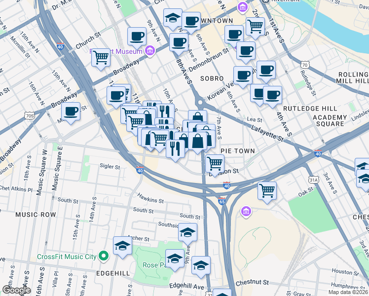 map of restaurants, bars, coffee shops, grocery stores, and more near 603 9th Avenue South in Nashville