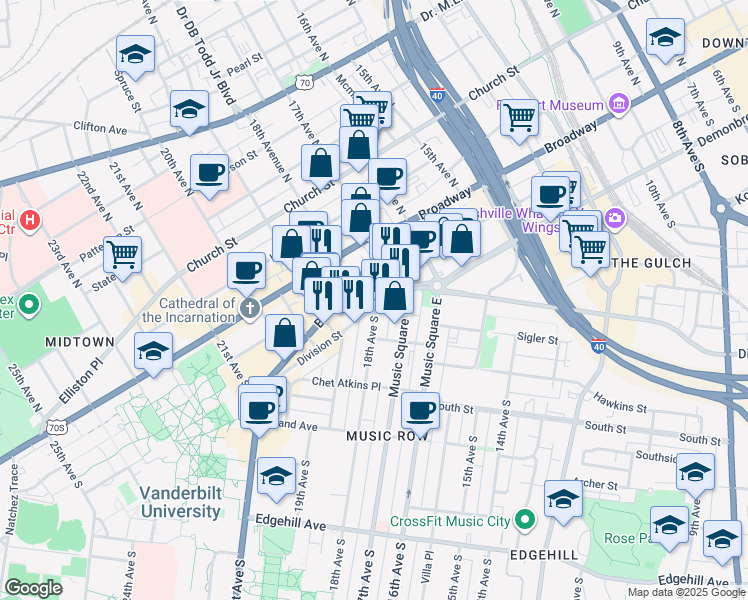 map of restaurants, bars, coffee shops, grocery stores, and more near 1800 Division Street in Nashville