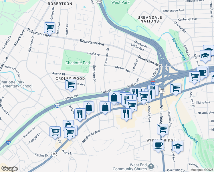 map of restaurants, bars, coffee shops, grocery stores, and more near 509A Stevenson Street in Nashville