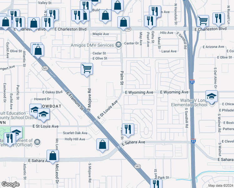 map of restaurants, bars, coffee shops, grocery stores, and more near 3380 East Saint Louis Avenue in Las Vegas