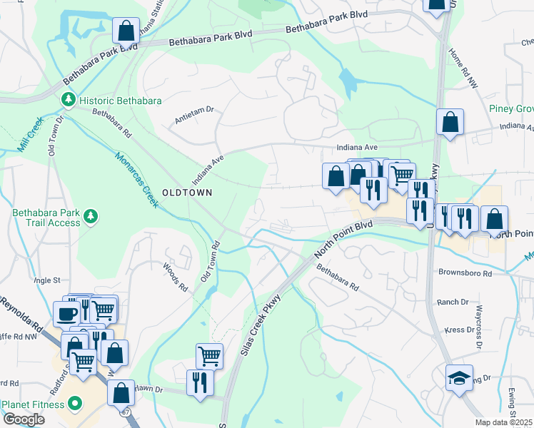 map of restaurants, bars, coffee shops, grocery stores, and more near 5750 Hickory Knoll Drive in Winston-Salem