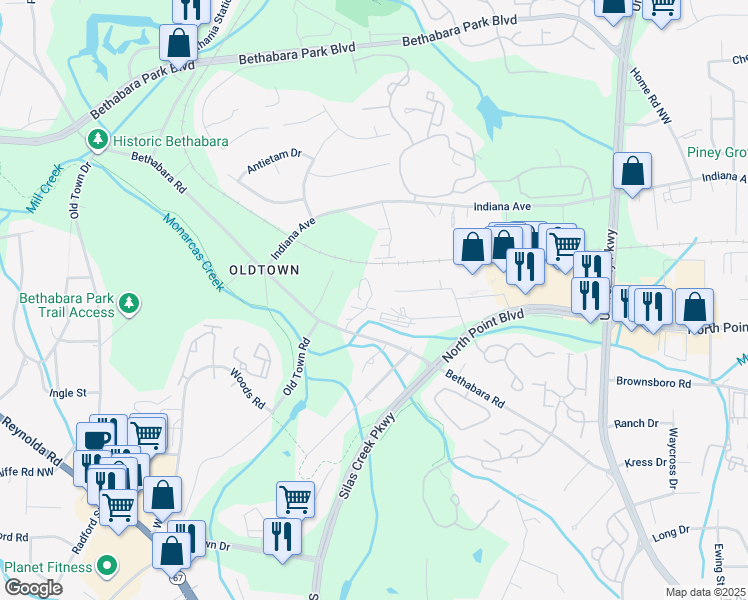 map of restaurants, bars, coffee shops, grocery stores, and more near 5750 Hickory Knoll Drive in Winston-Salem