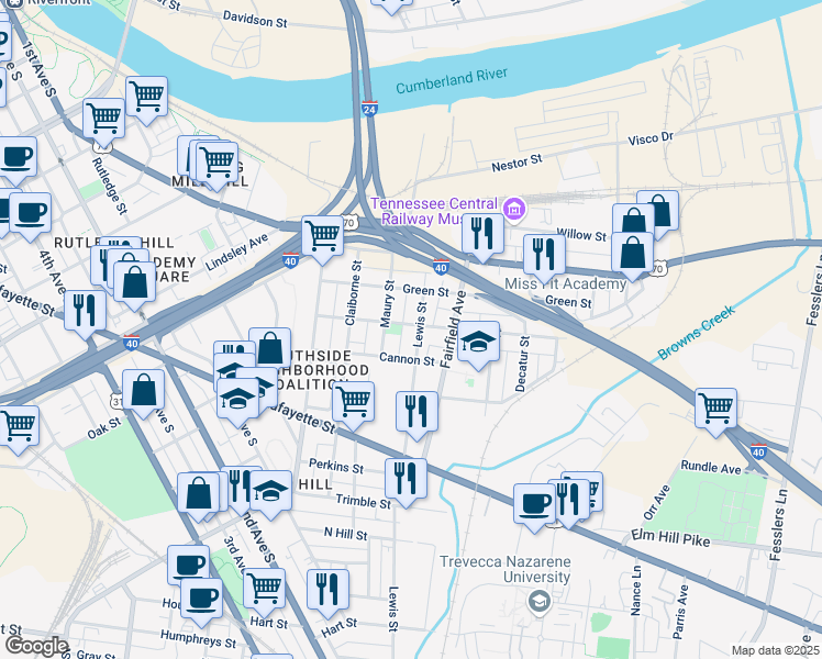 map of restaurants, bars, coffee shops, grocery stores, and more near 94 Lewis Street in Nashville