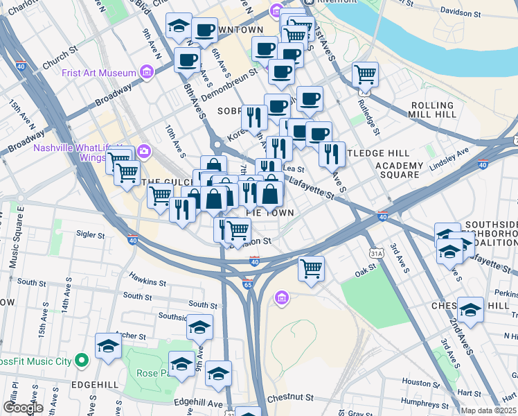 map of restaurants, bars, coffee shops, grocery stores, and more near in Nashville