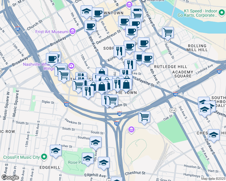 map of restaurants, bars, coffee shops, grocery stores, and more near 633 7th Avenue South in Nashville