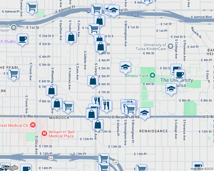 map of restaurants, bars, coffee shops, grocery stores, and more near 2440 East 6th Street in Tulsa