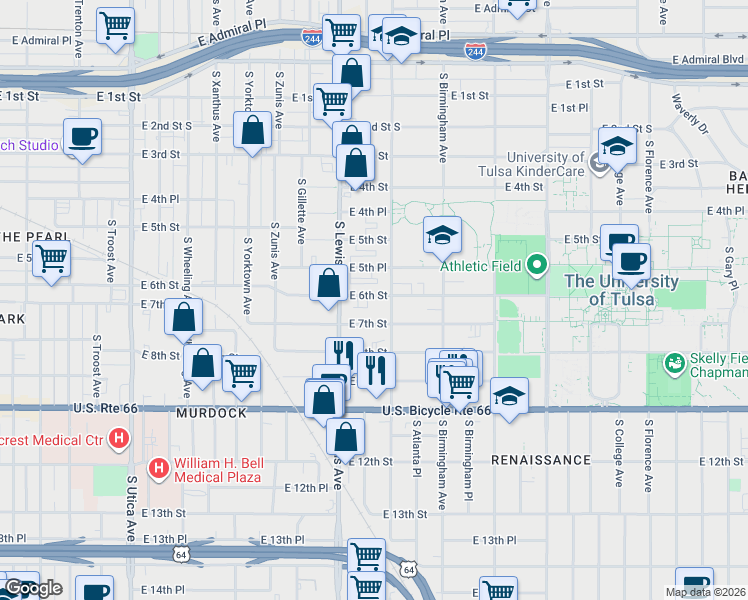 map of restaurants, bars, coffee shops, grocery stores, and more near 2440 East 6th Street in Tulsa