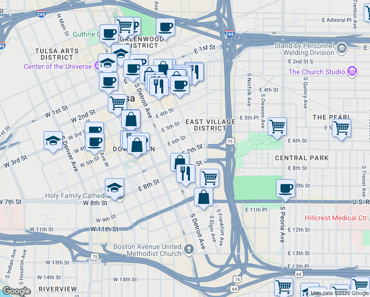 map of restaurants, bars, coffee shops, grocery stores, and more near 406 East 7th Street in Tulsa