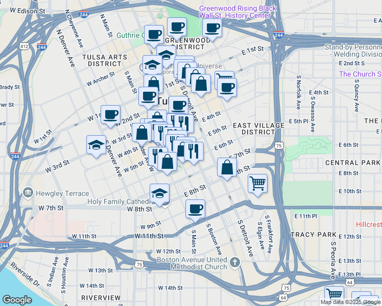 map of restaurants, bars, coffee shops, grocery stores, and more near in Tulsa