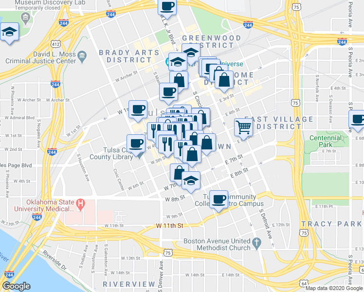 map of restaurants, bars, coffee shops, grocery stores, and more near 17 West 5th Street in Tulsa