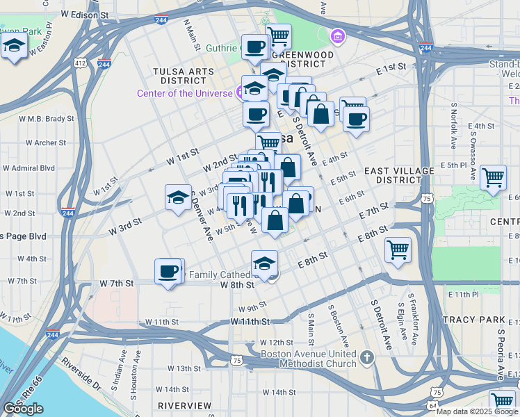 map of restaurants, bars, coffee shops, grocery stores, and more near 17 West 5th Street in Tulsa
