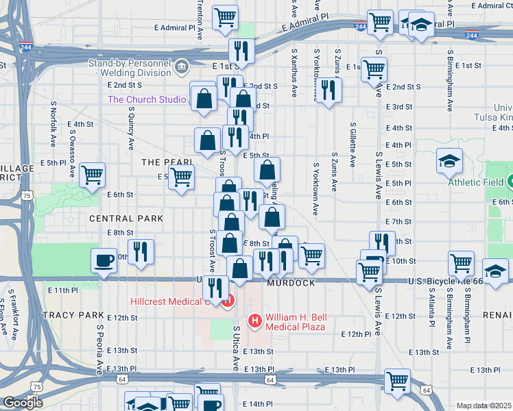map of restaurants, bars, coffee shops, grocery stores, and more near 1737 East 7th Street in Tulsa
