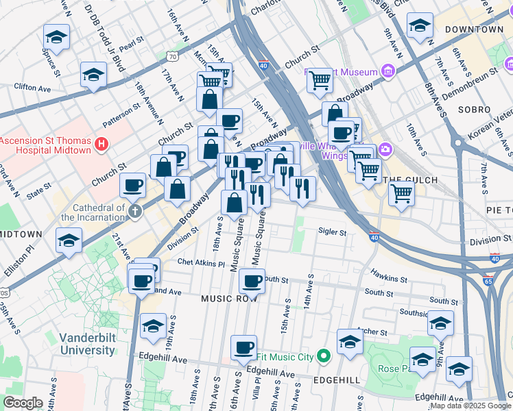 map of restaurants, bars, coffee shops, grocery stores, and more near 1 Music Square East in Nashville