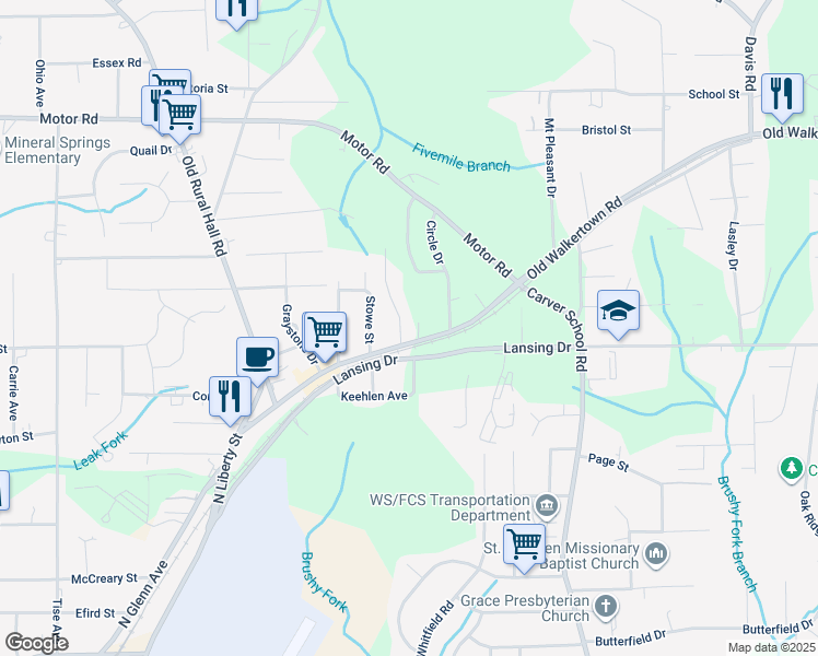 map of restaurants, bars, coffee shops, grocery stores, and more near 4515 Renigar Street in Winston-Salem
