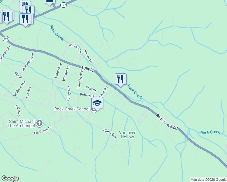 map of restaurants, bars, coffee shops, grocery stores, and more near 816 Rock Creek Road in Erwin