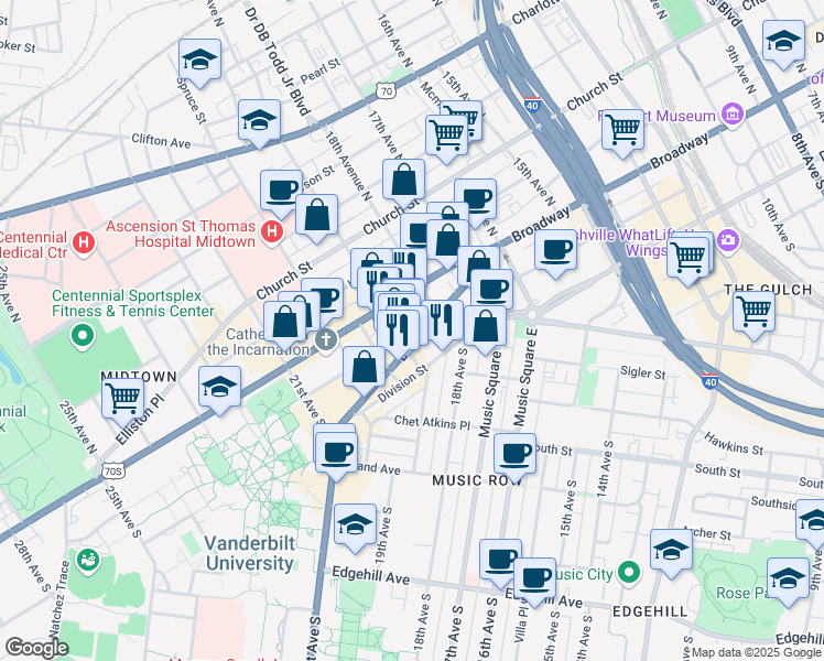 map of restaurants, bars, coffee shops, grocery stores, and more near 1812 Broadway in Nashville