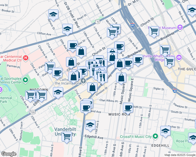 map of restaurants, bars, coffee shops, grocery stores, and more near 107 19th Avenue South in Nashville