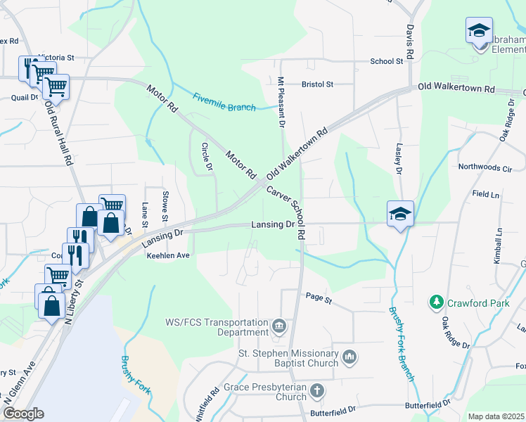 map of restaurants, bars, coffee shops, grocery stores, and more near Jerry Street in Winston-Salem