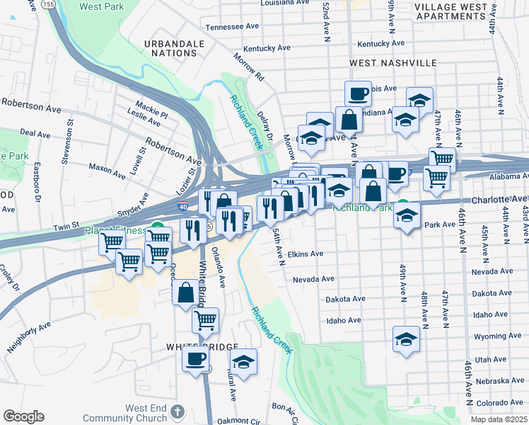map of restaurants, bars, coffee shops, grocery stores, and more near 5418 Charlotte Avenue in Nashville